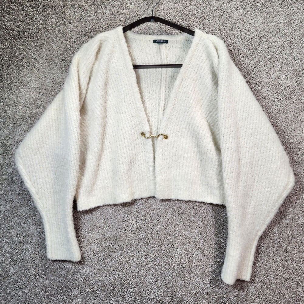 Wild Fable Cardigan Sweater Womens XL Cream Fuzzy Cropped Gold Color Clasp Shrug